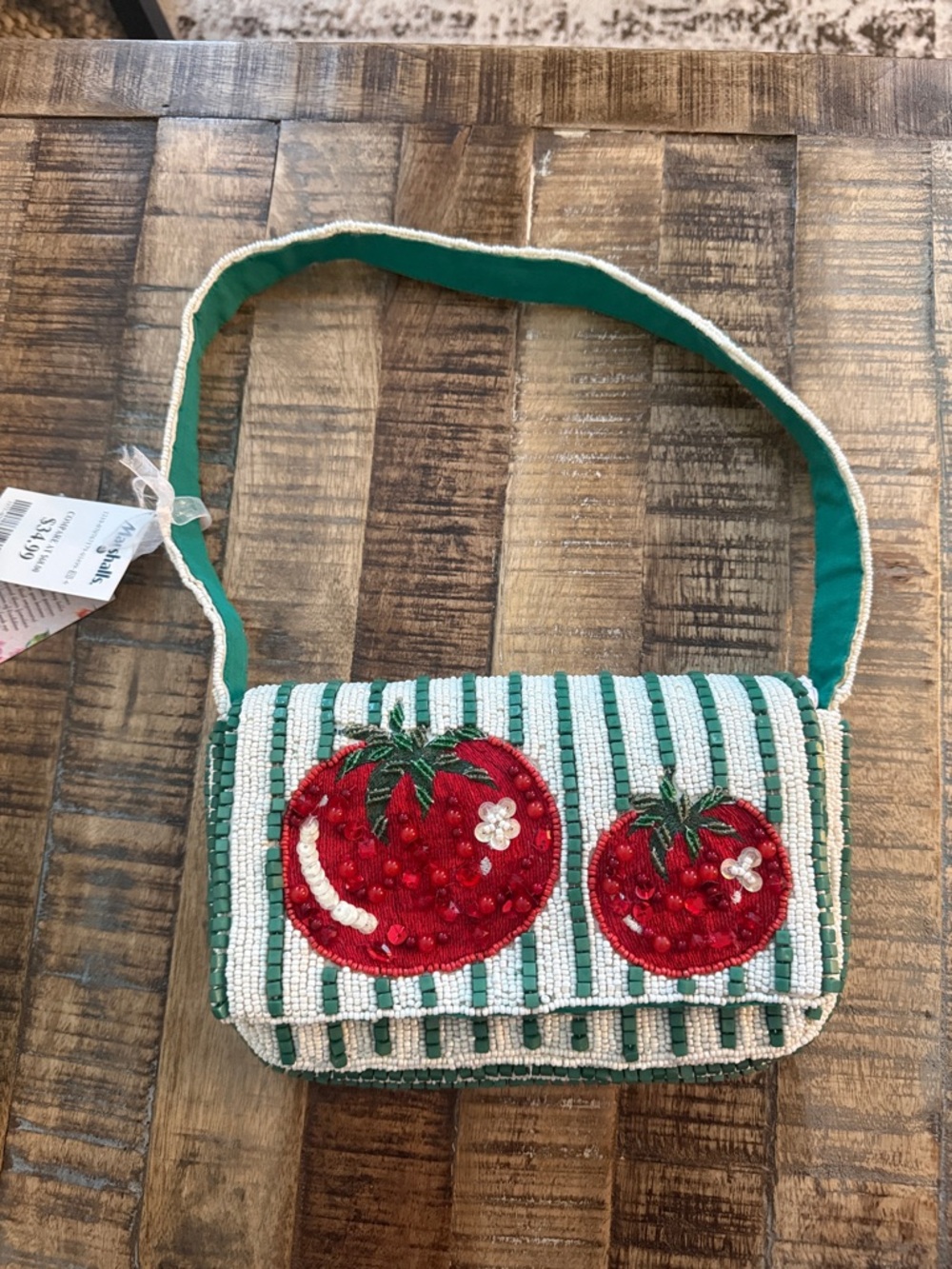 Viral Marshall’s Green Beaded Stripe Crossbody Bag with Red Tomato Embroidery